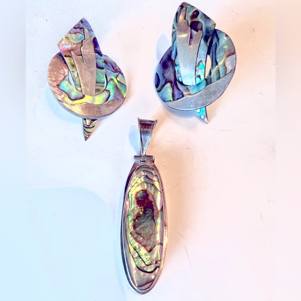 Handmade Abalone & Silver Pendant + Earrings Set Natural Beachy Tribal Jewelry